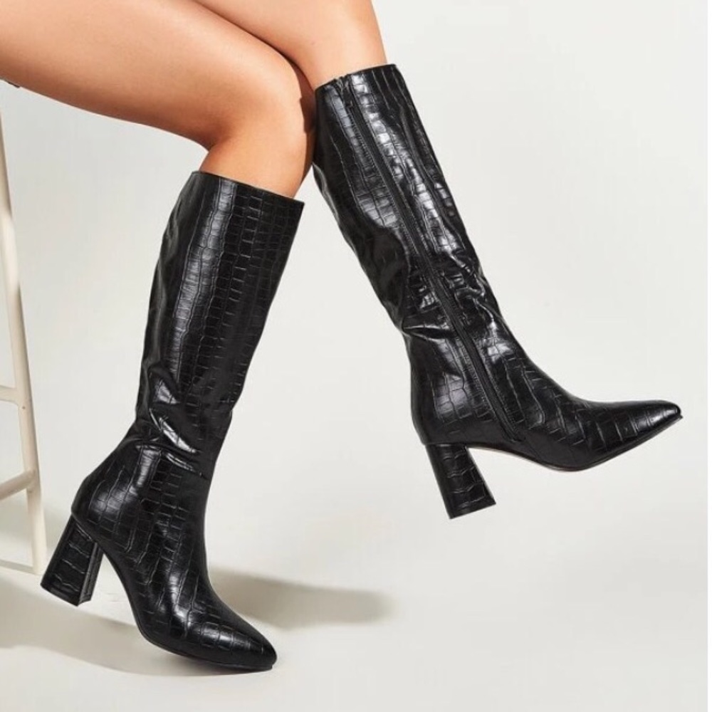 Croc Embossed Chunky Heeled Knee High Boots